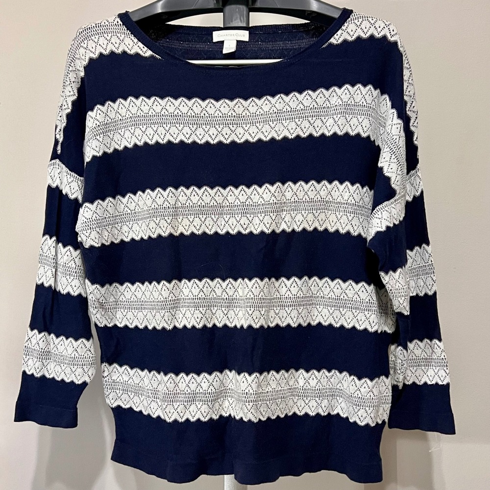 Charter Club Navy White Striped Lace Knit Sweater 3/4 Sleeve Large EUC